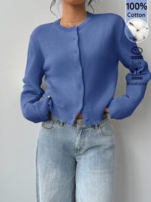 SHEIN BASICS 女款純色單排扣休閒百搭長袖開襟衫，適合日常外出、商務辦公、早午餐，米白色，秋季教師節 - 霧霾藍 - 查看 2