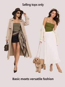 SHEIN BASICS 女款純色修身百搭日常居家旅行抹胸上衣 黑色 夏季極簡端莊休閒百搭 日常白天穿著 - 軍綠色 - 查看 7