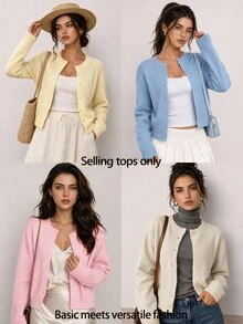 SHEIN BASICS 女款復古休閒純色單排扣長袖針織開襟衫 辦公日常上學商務 橄欖綠 秋季 - 淺粉色 - 查看 7