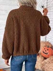 SHEIN LUNE Zip Up Drop Shoulder Teddy Jacket In Fall/Winter,Casual - Brown - View 2