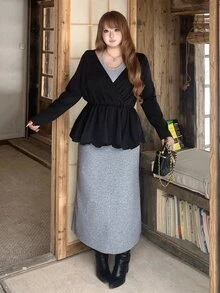 Bijouette Plus Size Colorblock Long Sleeve Top + Camisole Dress Set, A-Line Hem Top, 2 Pieces Set Black Grey Fall Brunch Going Out Casual Baggy - Grey - View 3