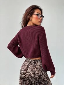 SHEIN PETITE White Lantern Sleeve Button Front Rib Knit Cardigan Open Shoulder Sweater In Autumn Petite Women Date Day Everyday Going Out Daily Wear Casual Sexy - Red Violet - View 2