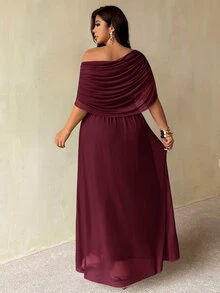 Auralis New Summer Brown Off Shoulder Ruffle Neck Metal Buckle Decor Plus Size Cinched Waist Flared Mesh Double Layer Dress Elegant Commute Evening Formal - Red Violet - View 2