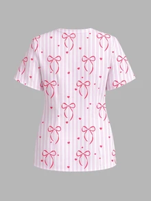 PopScrub Casual Minimalist Scrub Uniform Top Striped Bow Cute Loose V-Neck Short Sleeve Pocket Top - Multicolor - View 2