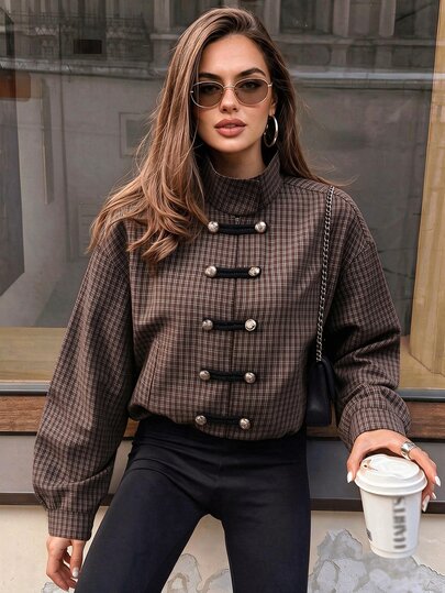 Struktiv Women's Autumn/Winter Vintage Plaid Stand Collar Zipper Jacket With Pockets, Long Sleeve Napoleon Button Decor, Loose Drop Shoulder Short Flight Bomber Overcoat