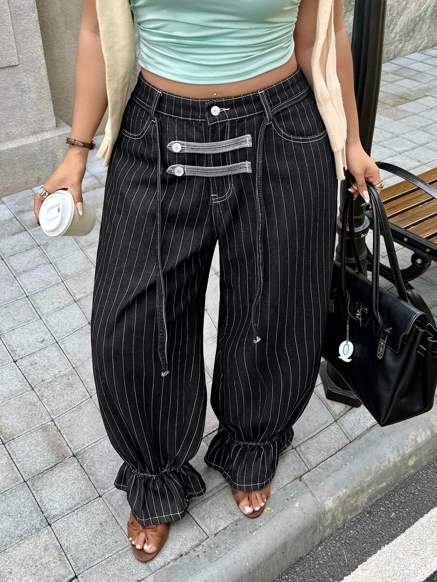 Rivivi Plus Size Women Non-Stretch Denim Cuffed Deep Blue Striped Lantern Pants Cowboy Outfits For Women - Black - View 1