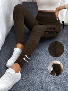 SHEIN LUNE 2件組女款秋冬修身提臀百搭棕色與黑色高腰羅紋加絨內裡內搭褲 - 彩色 - 查看 3