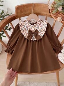 SHEIN Baby Girl Patchwork Floral Frill Trim Stand Collar Bow Decor Cute Dress - Brown - View 8