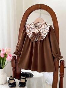 SHEIN Baby Girl Patchwork Floral Frill Trim Stand Collar Bow Decor Cute Dress - Brown - View 9