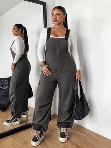 POPSWAY Plus Size Women's Casual Minimalist Commuter Woven Grey Utility Overall Jumpsuit, Autumn/Winter - Grey - View 6