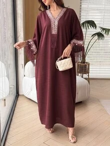 Yasmyna V-Neck Floral Ribbon Sequin Tassel Embellished Light Pink Arabian Dress Wedding Fringe Dress Fall/Winter Christening Guest Formal Modest Elegant - Burgundy - View 2