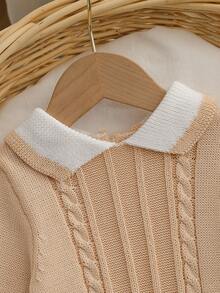 Baby Girl Contrast Color Collared Long Sleeve Casual Knit Romper - Beige - View 4