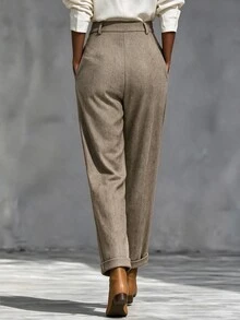 SHEIN Women's Autumn/Winter Herringbone Tweed Slim Leg Trousers, Versatile Fashion Office Commuter Pants For Professional White-Collar Workwear - Khaki - View 2
