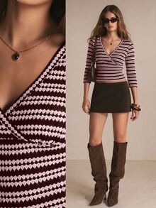 Poéselle Women's Striped V-Neck 3/4 Sleeve Casual Versatile T-Shirt - Burgundy - View 9