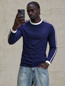 TONEVAULT Men's Colorblock Casual Versatile Daily Wear Long Sleeve T-Shirt - Blue - View 5