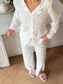 SweetSlumber Women's Glossy Velvet Bowknot Decorated Sweet Pajama Set - White - View 3