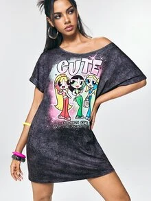 THE POWERPUFF GIRLS X SHEIN Women's Fashion Asymmetrical Shoulder Cartoon Print Dress - Dark Grey - View 4