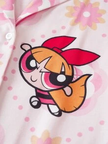 THE POWERPUFF GIRLS X SHEIN 青少年女孩卡通印花短袖上衣與短褲居家服套裝 - 粉色 - 查看 5