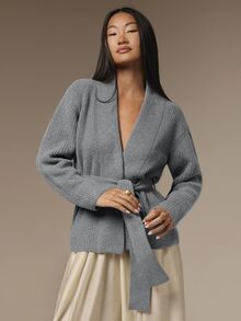 COSMINA 女款休閒優雅極簡長袖前綁帶針織衫，百搭秋季辦公室黑色秋裝冬季女裝 - 灰色 - 查看 5