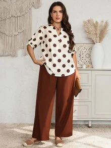 EMERY ROSE Plus Size Women Polka Dot Notch V-Neck Rolled Sleeve Shirt And Long Pants Casual 2 Pieces Set - Multicolor - View 1
