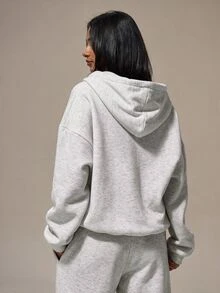 MUSERA ESSENTIALS 黑色重磅抓絨落肩全開襟連帽外套 居家休閒基礎款 日常必備 - 灰色 - 查看 4