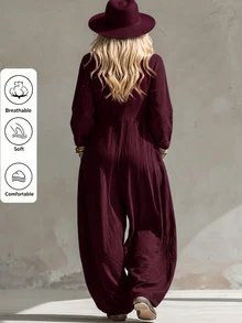 Linhara CURVE 2026 New V-Neck Plus Size Women's Jumpsuit With Pockets Fall - Burgundy - View 2