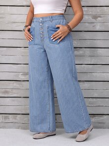Selenza Plus Size Designer Button Striped Colorblock Loose Fit Denim Jeans - Blue - View 14