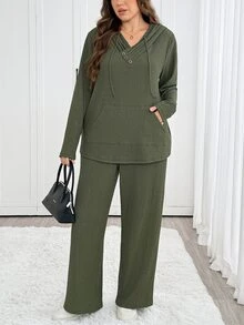 Easowa Curve Plus Size Women Solid Color Long Sleeve Pocket Drawstring Hooded Top And Pants Casual 2 Pieces Set Fall - Olive Green - View 4