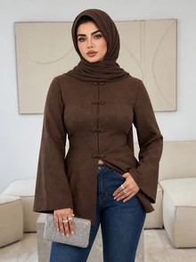 Solavon قميص نسائي مقاس كبير بلون موحد كاجوال متعدد الاستخدامات للاستخدام اليومي - قهوة بني - مشاهدة 4