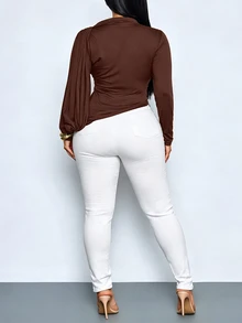 SOLERSUN Plus Size Women's Asymmetric Pleated Long Sleeve T-Shirt, Dropped Shoulder Slim Fit Top, Elegant Unique Basic T-Shirt Fall - Coffee Brown - View 5