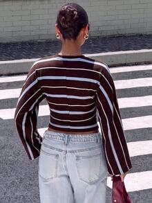 Muchica Autumn New Striped Pattern Batwing Sleeve Fitted Long Sleeve T-Shirt, Elegant Casual Fashion Basic Top For Spring Summer Autumn Winter, Suitable For Outings And Parties, Women - Multicolor - View 2