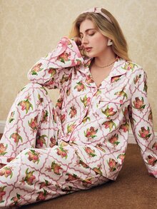 Elorette Plus Size Floral Print Button-Up Top And Pants Pajama Set - Pink - View 5