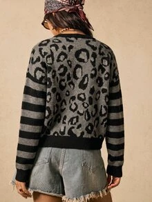SHEIN EZwear 大尺碼女款豹紋條紋拼接前開扣開襟衫，休閒 1950 年代復古 1920 年代，適合秋冬辦公室、音樂會，米色 - 深灰色 - 查看 2