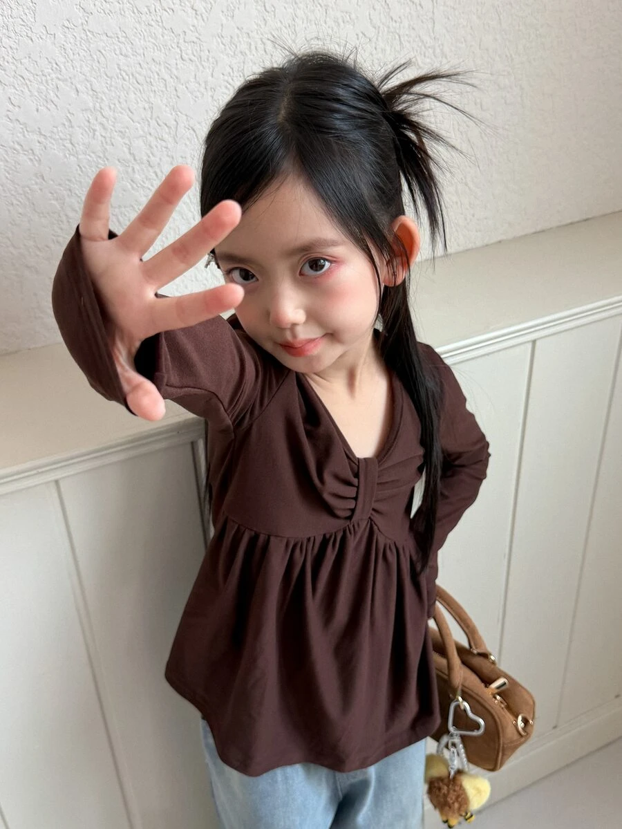 Dazy Kids Tween Girl) V-Neck Design A-Line Hem Long Sleeve Inner Layer Autumn T-Shirt - Brown - View 1