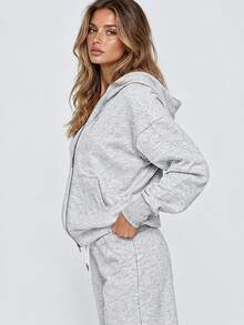 Dewbera Dewbera Front White Grey Two Pieces Sports Suit, Loose Shoulder Zipper Hooded Jacket, Wide Leg Sweatpants, Drawstring Waistband Pocket Casual Yoga Suit Set - Light Grey - View 5