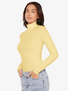 SHEIN BASICS 女款純色長袖高領羅紋針織修身T恤上衣 白色 辦公室秋季基礎休閒款 - 淡黃色 - 查看 3