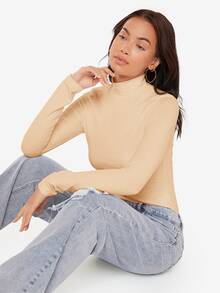SHEIN BASICS 女款白色素色長袖高領羅紋針織修身T恤上衣，辦公室秋季基礎休閒款 - 卡其色 - 查看 5