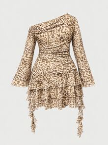 SHEIN MOD Plus Size Mini Khaki Long Asymmetrical Shoulder Leopard PrintFlare Sleeve Mesh Fit & Flare Leopard Print Party Y2K Dress Christmas Festival Fall - Apricot - View 2