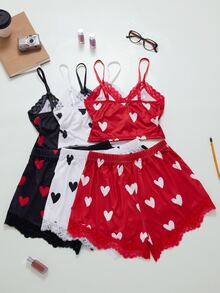 ZzzCrew Heart Print Lace Camisole & Shorts 2 Pieces Pajama Set, Sweet Sexy Cropped Waist Loungewear, 6-Piece Set - Black - View 2