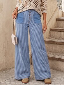 Selenza Plus Size Designer Button Striped Colorblock Loose Fit Denim Jeans - Blue - View 3
