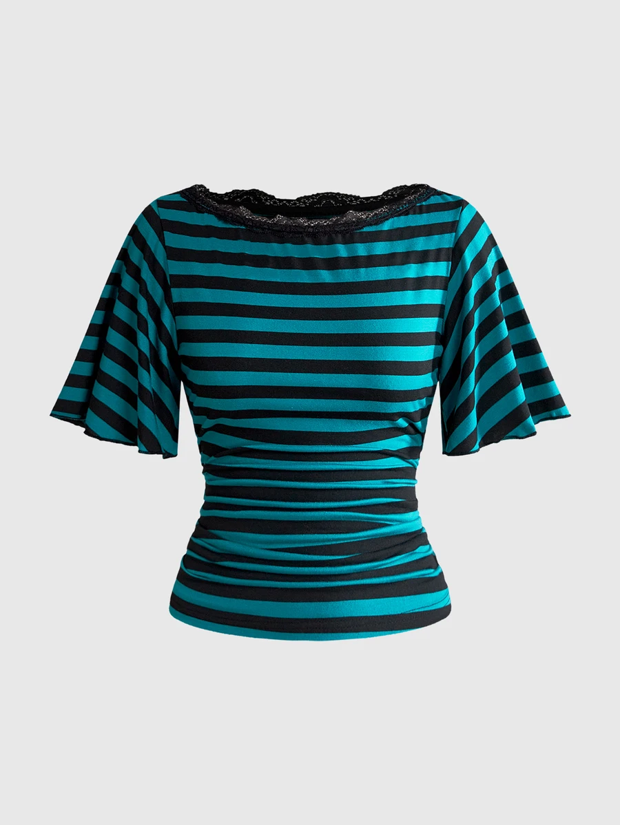 ROMWE Y2K Women's Off-Shoulder Striped Lace T-Shirt - Multicolor - View 1