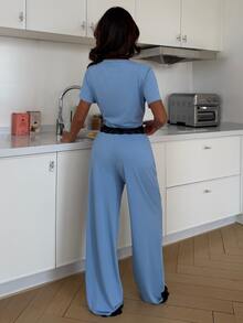 ZzzCrew Women's Slim Fit Ribbed Contrast Color Lace Trim V-Neck Short Sleeve & Long Pants Pajama Set - Blue - View 2