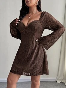 SHEIN Unity 大尺碼優雅白色蕾絲喇叭袖洋裝，秋季女款婚禮雞尾酒會約會晚裝 - 咖啡棕 - 查看 5