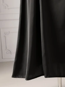 Rometta Plus Size Round Neck Long Satin Dress With Cinched Waist And Lace Sleeve Patchwork - Black - View 3