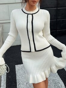 Teen Girl Colorblock Long Sleeve Top And Skirt Casual Knit Set - White - View 6