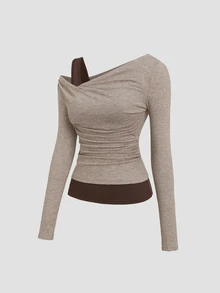 Sweetra Model Baru Fashion Wanita: Atasan Tank Top Rajut Elastis dengan Bahu Terbuka dan Warna Kontras, 2 in 1, Lengan Panjang, dengan Pinggang Berkerut dan Hem Warna Kontras - Khaki - View 1