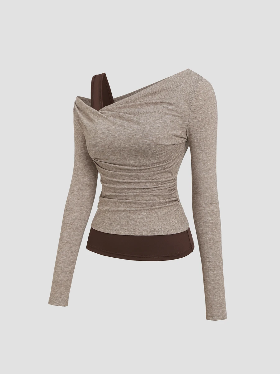 Sweetra Model Baru Fashion Wanita: Atasan Tank Top Rajut Elastis dengan Bahu Terbuka dan Warna Kontras, 2 in 1, Lengan Panjang, dengan Pinggang Berkerut dan Hem Warna Kontras - Khaki - View 1