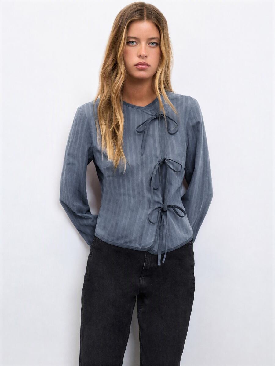 Nöista Piping Contrast Light Jacket With Ties - Dusty Blue - View 1
