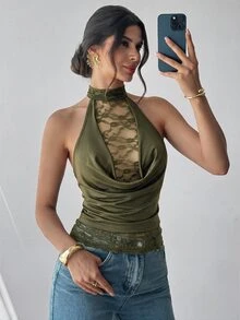 Firerie Draped Neck Tie Back Open Back Lace Patchwork Maillard Color Fitted Sleeveless Tank Top For Women - Army Green - View 3