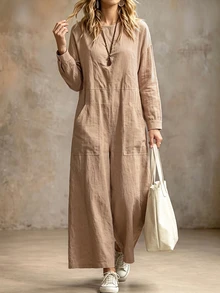 Breezaya Women's Autumn Solid Color Round Neck Long Sleeve Pocket Design Casual Wide Leg Jumpsuit - Khaki - View 6
